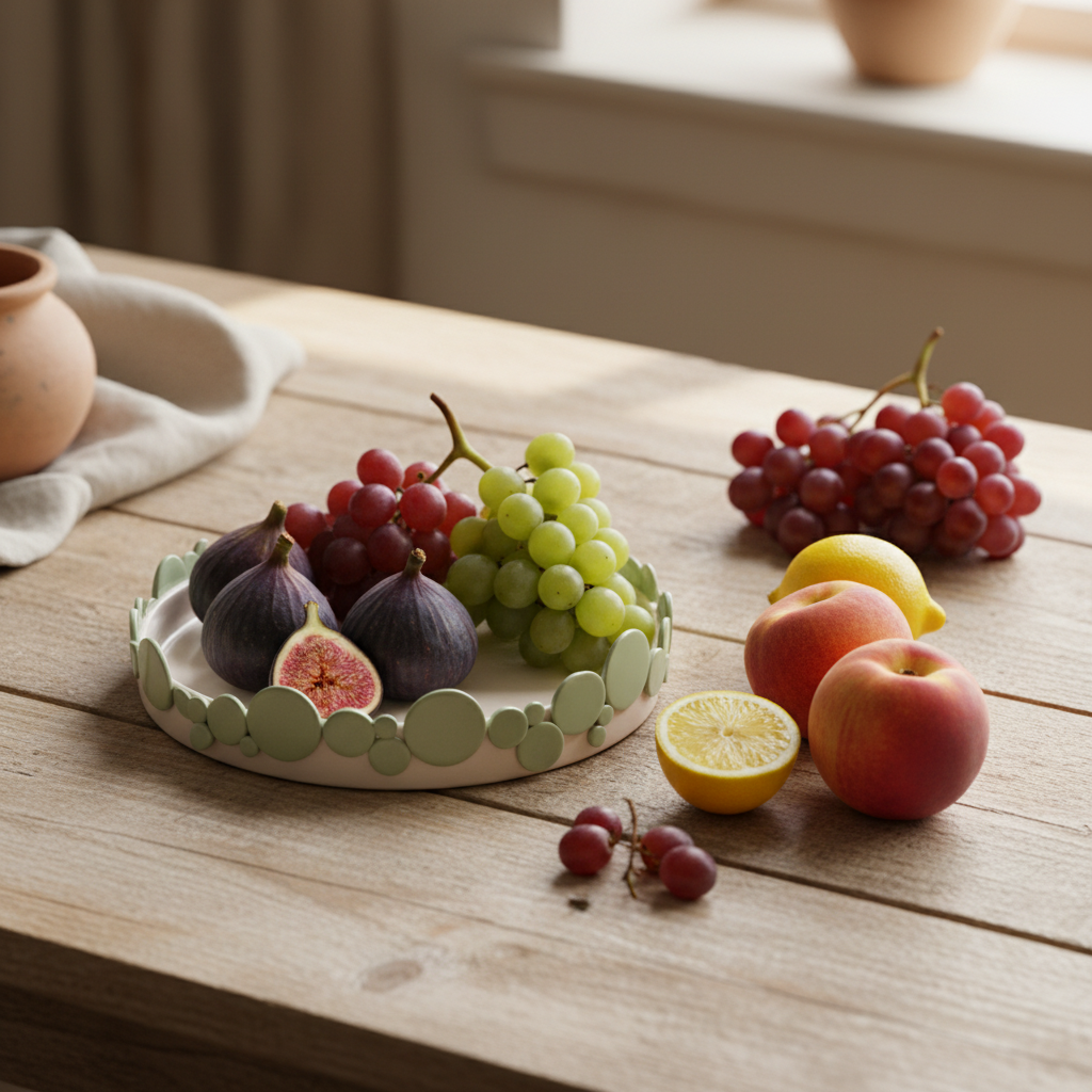 A shallow round tray with a scalloped edge decorated with overlapping sage green circles, shown against a plain white background.